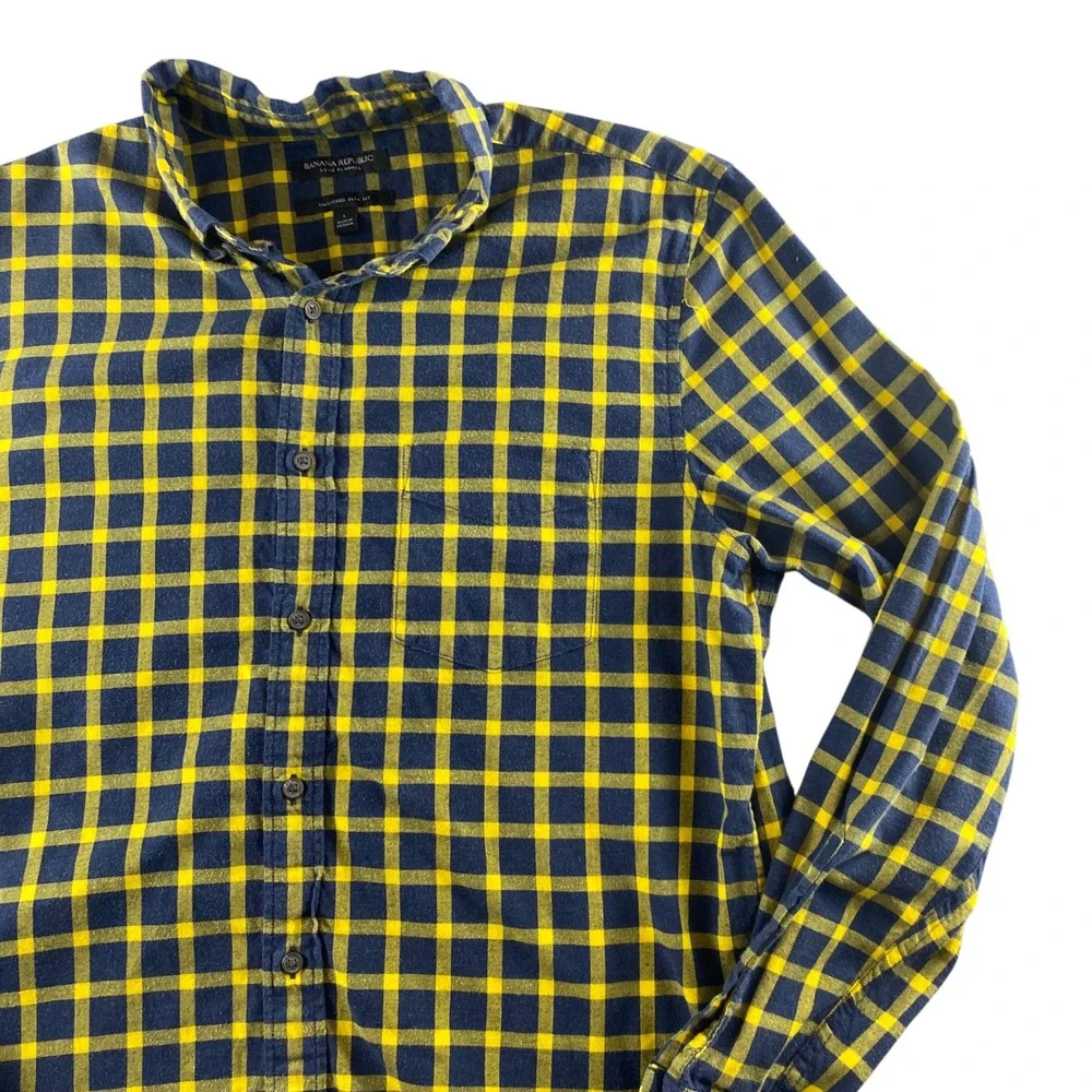 Banana Republic Mens Luxe Flannel Shirt Navy Yellow‎ Plaid Untucked Slim Fit L